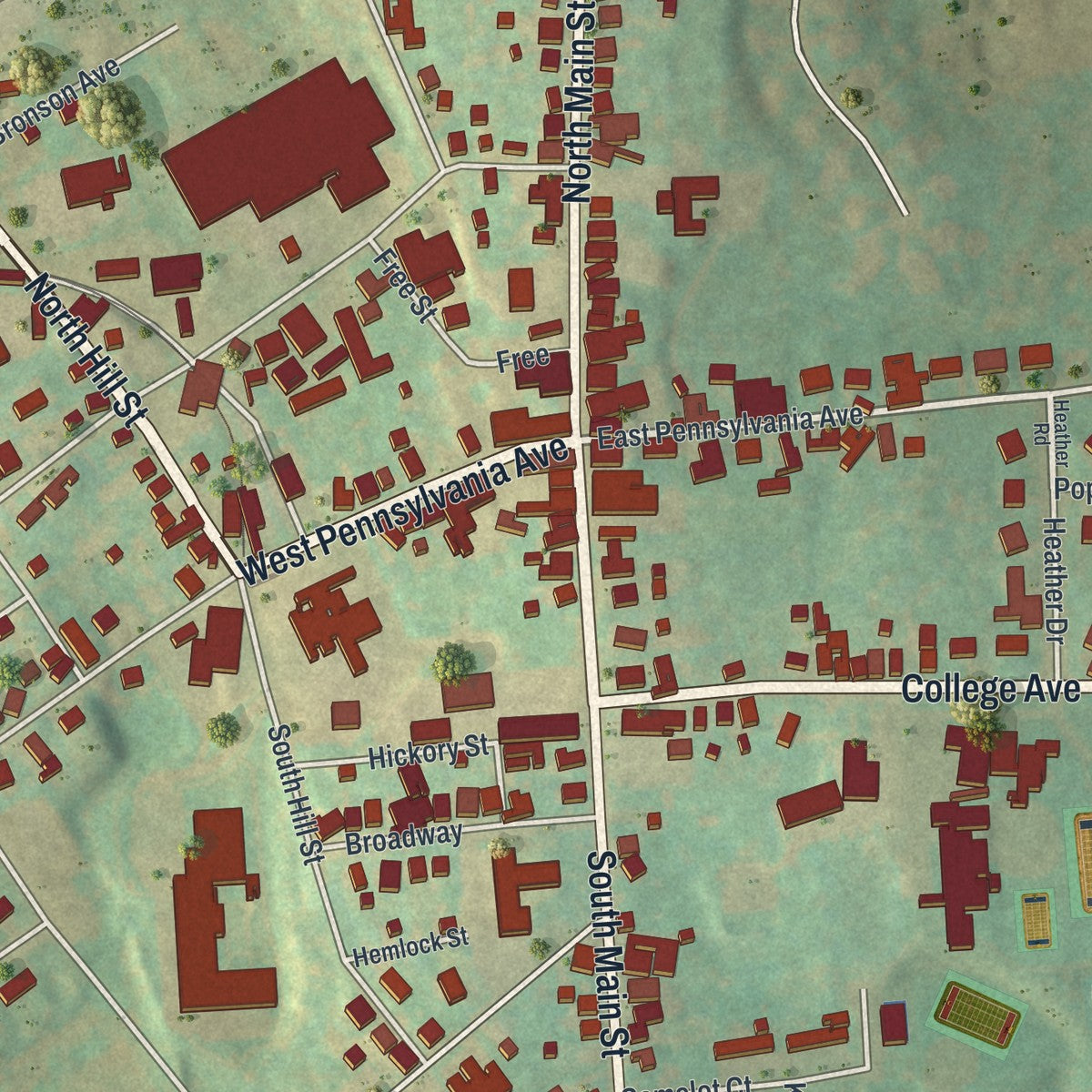 Close-up of the map of Stewartstown, Pennsylvania print showing street and building detail