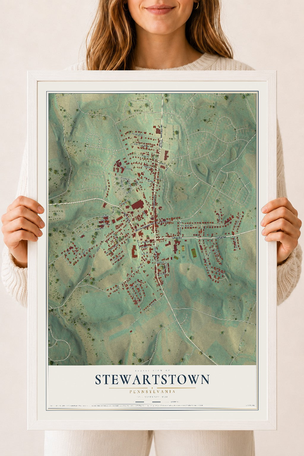 Map of Stewartstown, Pennsylvania, 18 x 24 inch print in a white wood frame