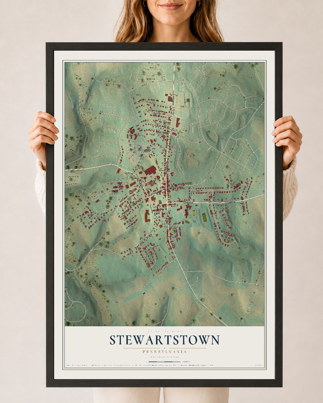 Map of Stewartstown, Pennsylvania, 24 x 36 inch print in a black wood frame