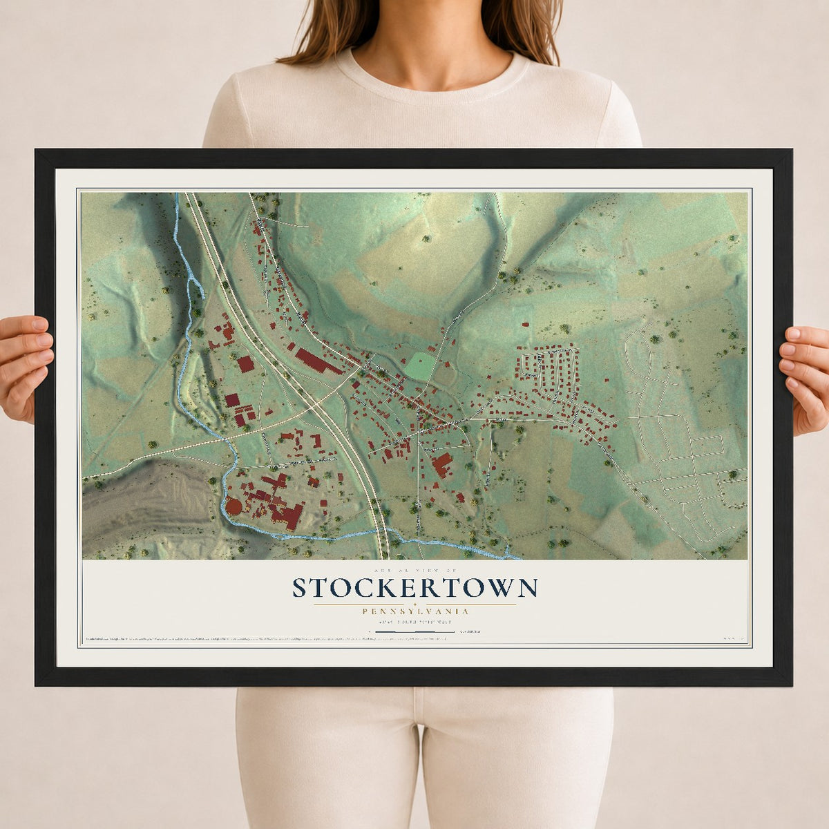 Map of Stockertown, Pennsylvania, 18 x 24 inch print in a black wood frame