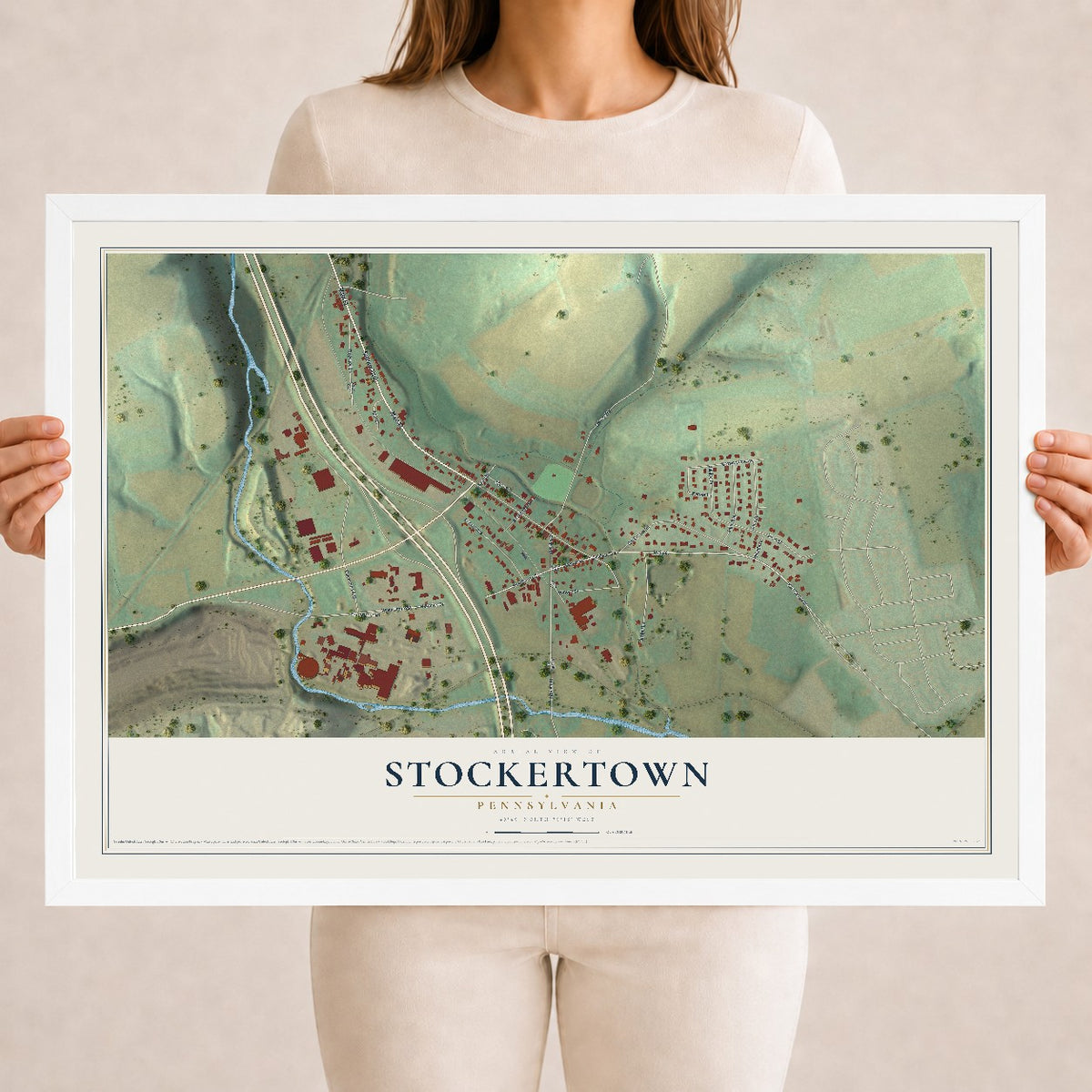 Map of Stockertown, Pennsylvania, 18 x 24 inch print in a white wood frame