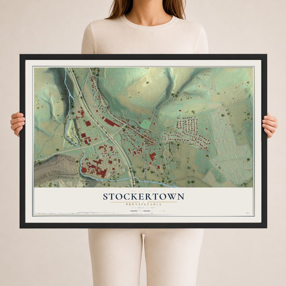 Map of Stockertown, Pennsylvania, 24 x 36 inch print in a black wood frame