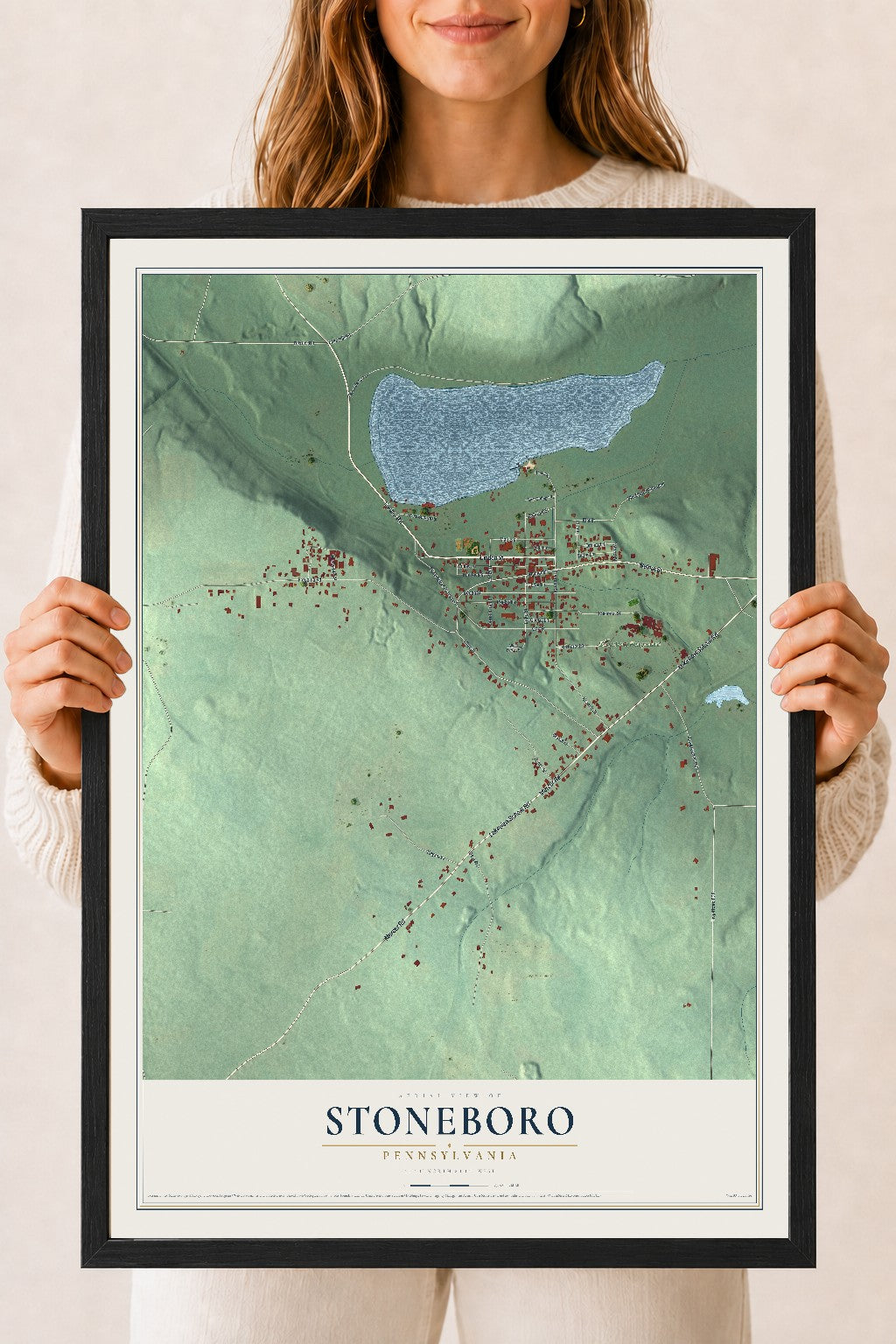 Map of Stoneboro, Pennsylvania, 18 x 24 inch print in a black wood frame