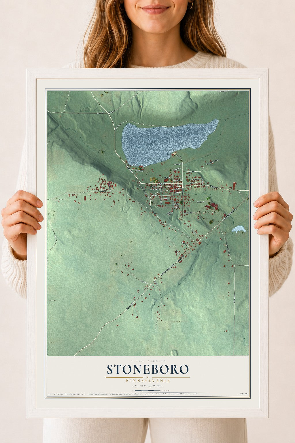 Map of Stoneboro, Pennsylvania, 18 x 24 inch print in a white wood frame