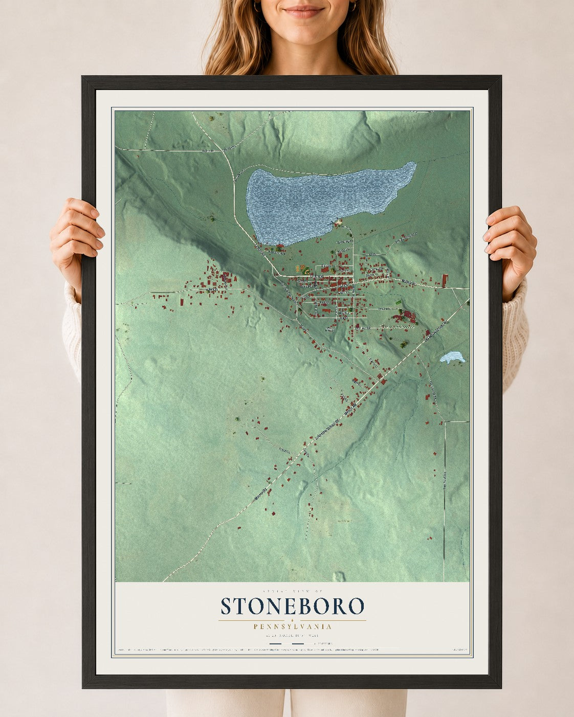 Map of Stoneboro, Pennsylvania, 24 x 36 inch print in a black wood frame