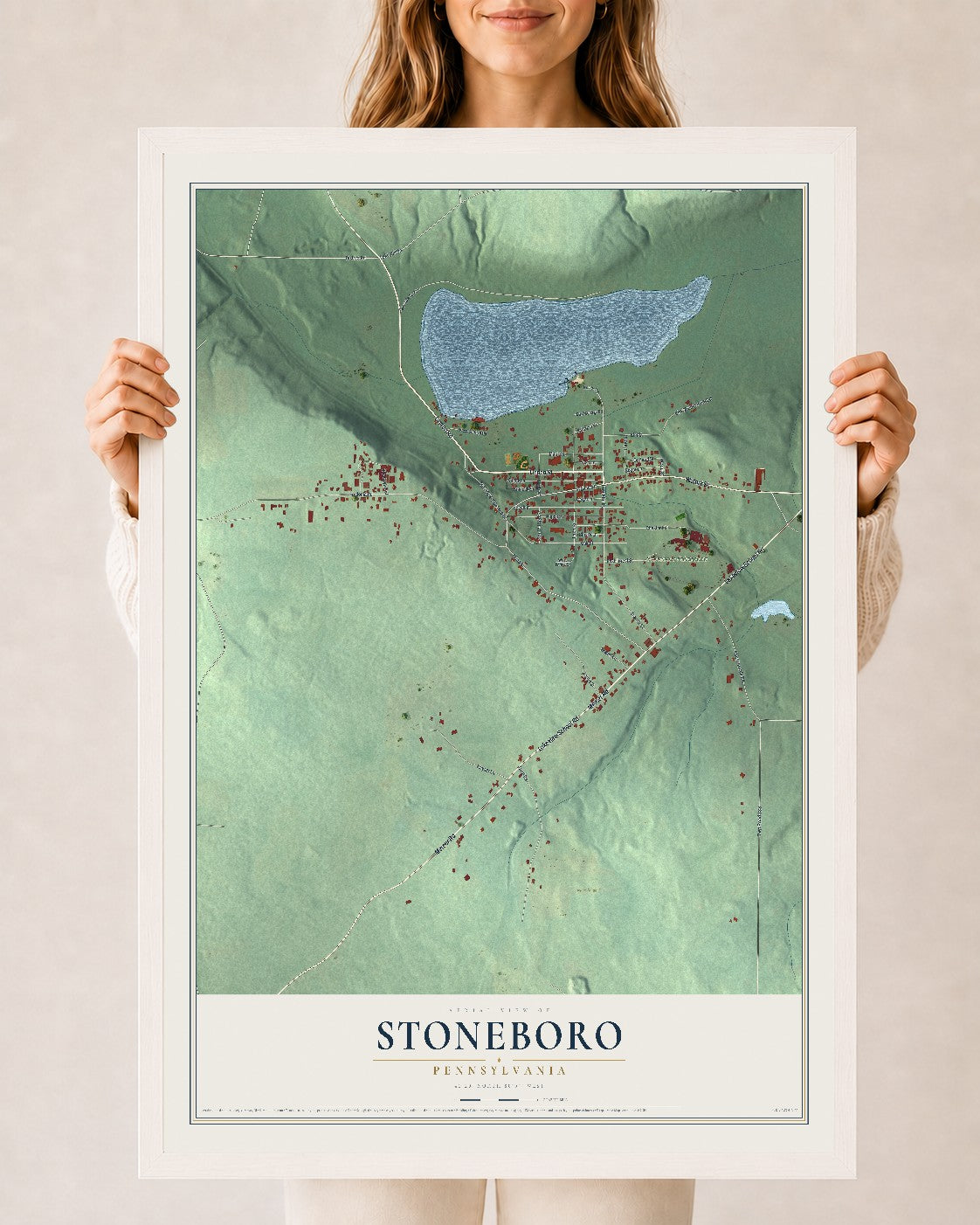 Map of Stoneboro, Pennsylvania, 24 x 36 inch print in a white wood frame