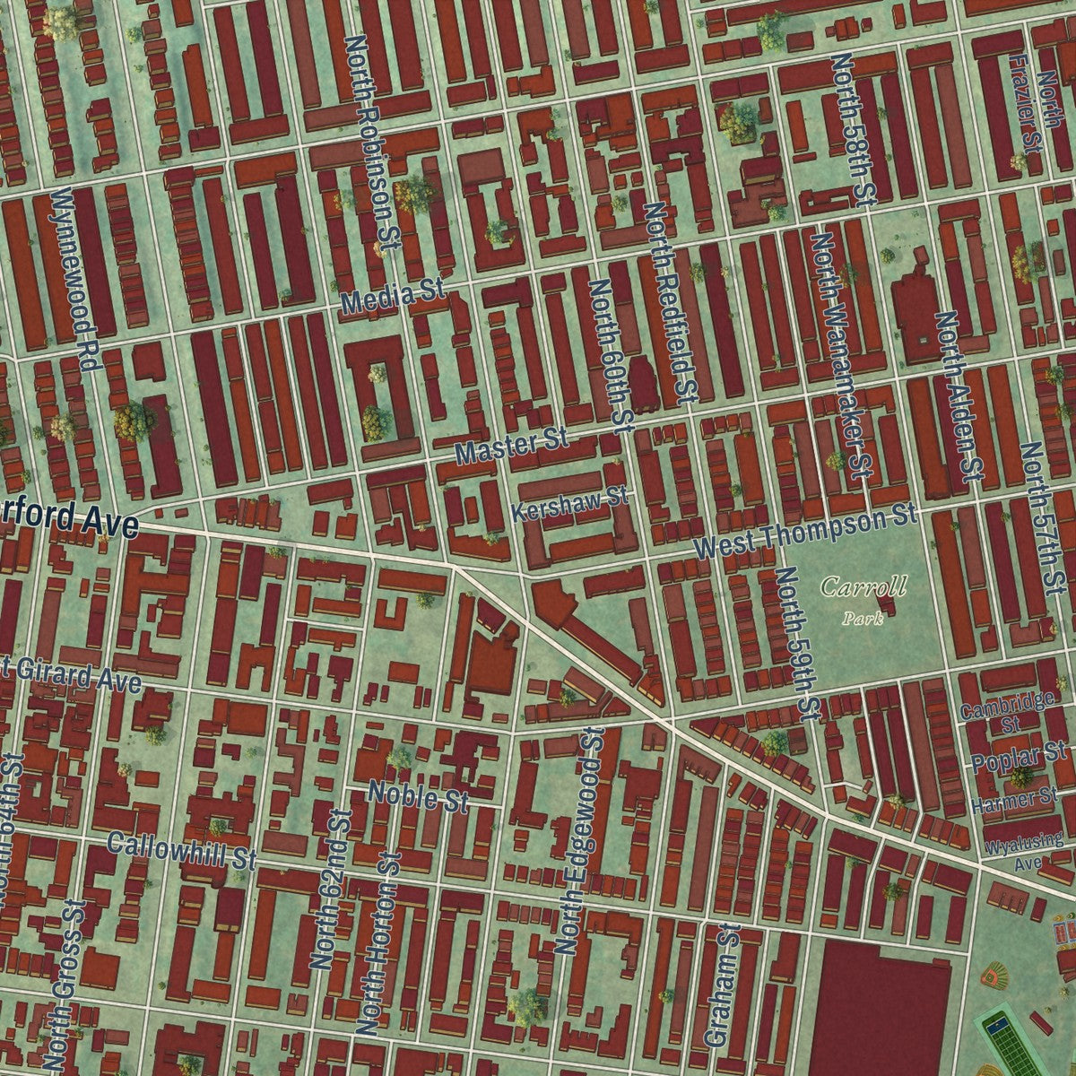 Close-up of the map of Stonehurst, Pennsylvania print showing street and building detail