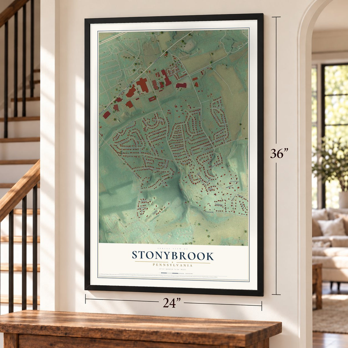 Stonybrook, Pennsylvania map, 24 x 36 inch print in a black frame by a staircase