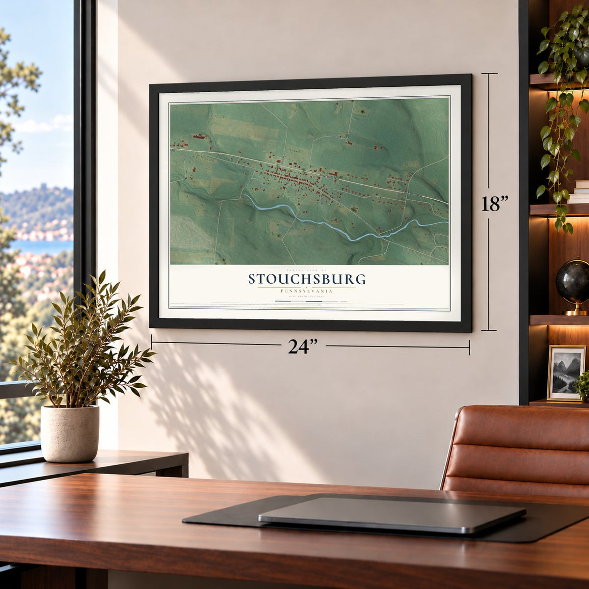 Stouchsburg, Pennsylvania map, 18 x 24 inch print in a black frame in a home office