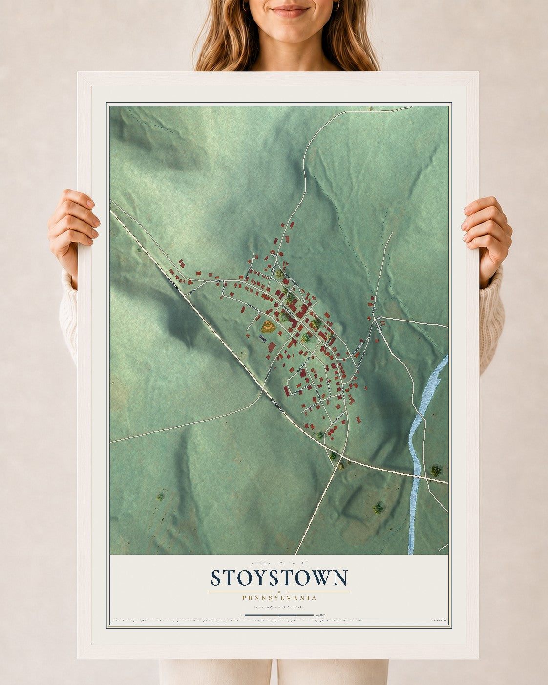 Map of Stoystown, Pennsylvania, 24 x 36 inch print in a white wood frame