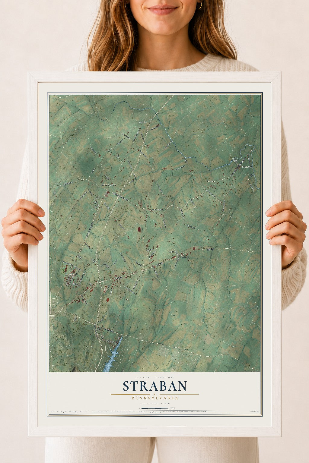 Map of Straban, Pennsylvania, 18 x 24 inch print in a white wood frame