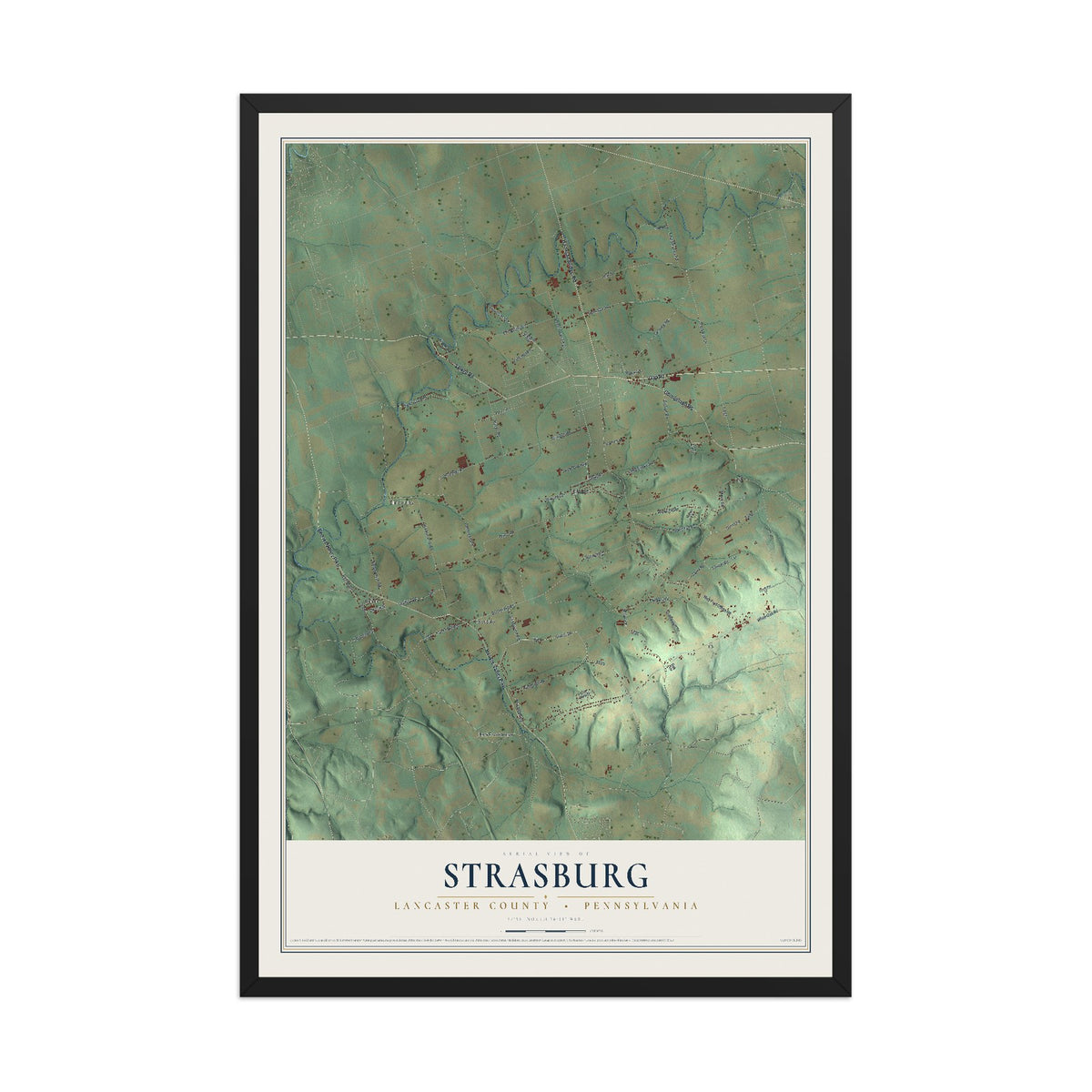 Map of Strasburg, Lancaster County, Pennsylvania, 12 x 18 inch print in a black wood frame