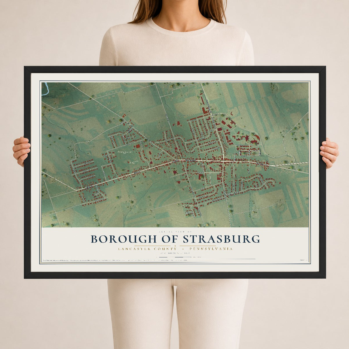 Map of the Borough of Strasburg, Lancaster County, Pennsylvania, 24 x 36 inch print in a black wood frame