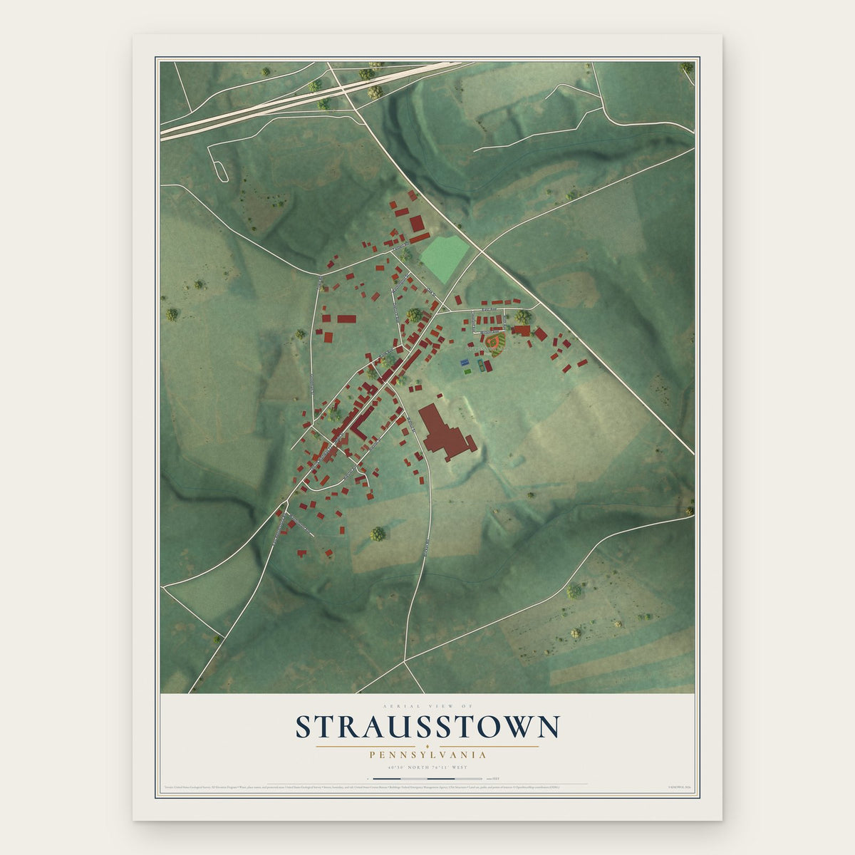 Strausstown, Pennsylvania map print, the full design