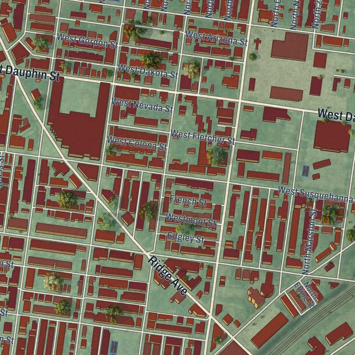 Close-up of the map of Strawberry Mansion, Pennsylvania print showing street and building detail