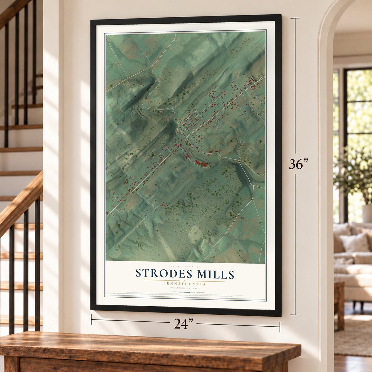 Strodes Mills, Pennsylvania map, 24 x 36 inch print in a black frame by a staircase