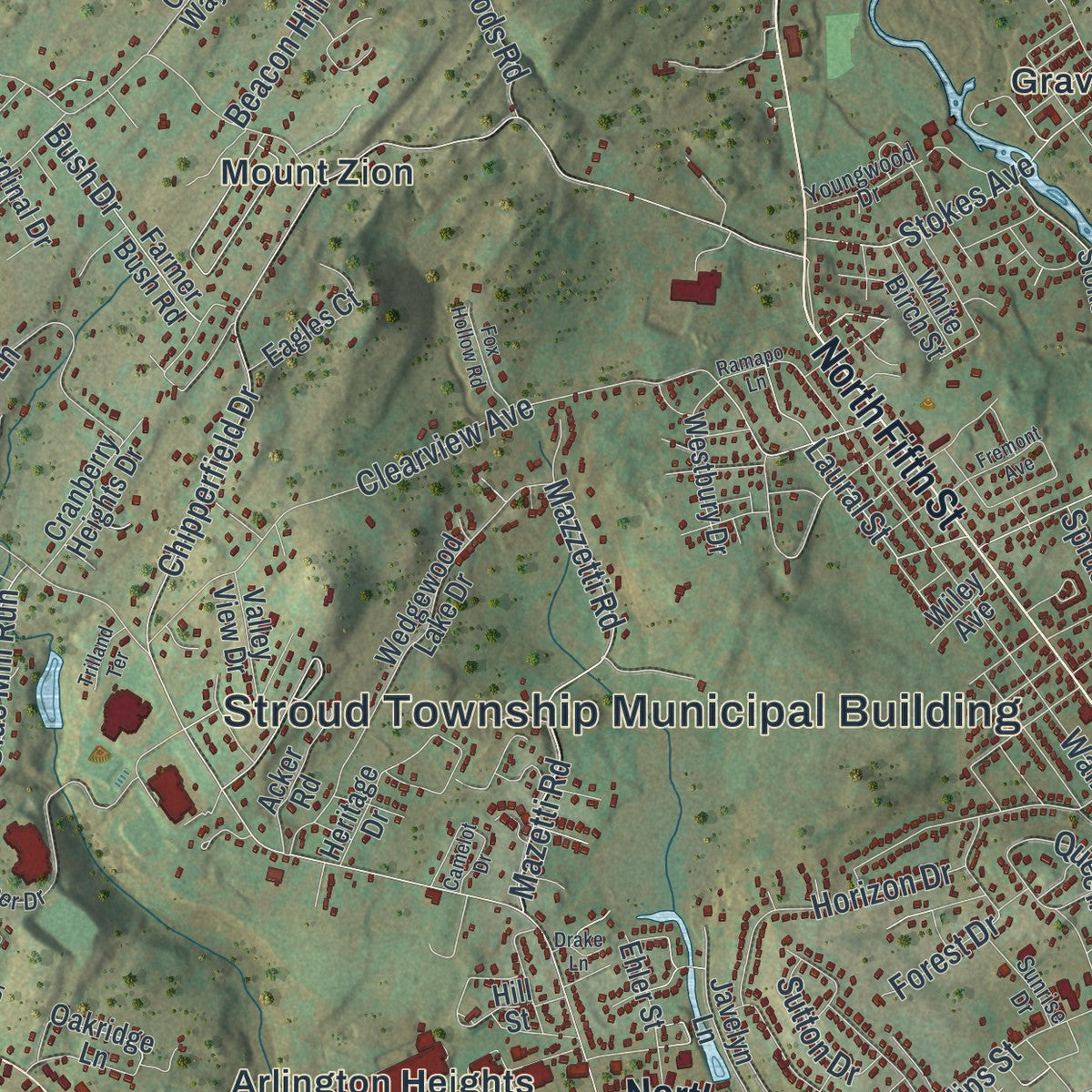 Close-up of the map of Stroud, Pennsylvania print showing street and building detail
