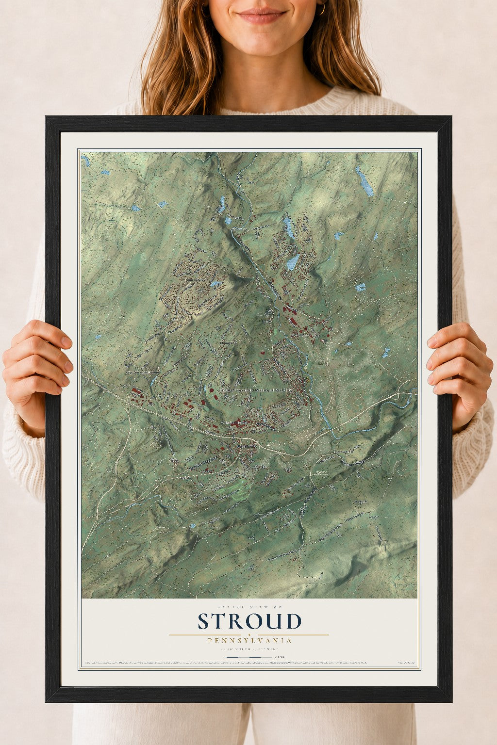Map of Stroud, Pennsylvania, 18 x 24 inch print in a black wood frame