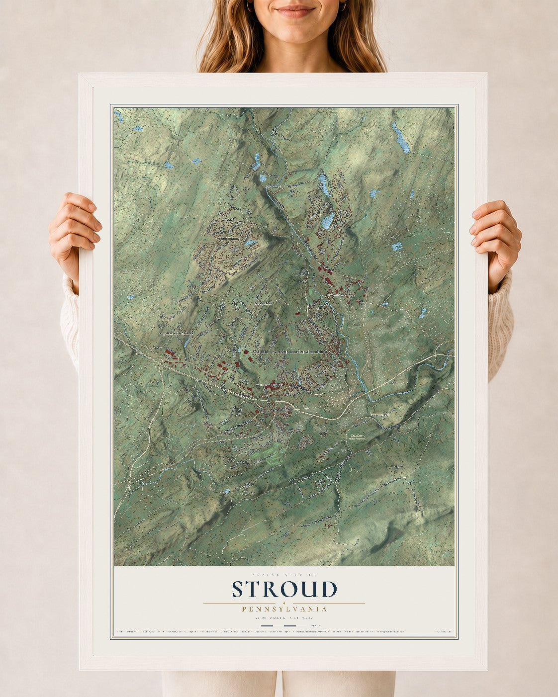 Map of Stroud, Pennsylvania, 24 x 36 inch print in a white wood frame