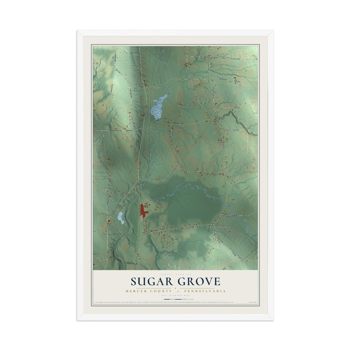 Map of Sugar Grove, Mercer County, Pennsylvania, 12 x 18 inch print in a white wood frame