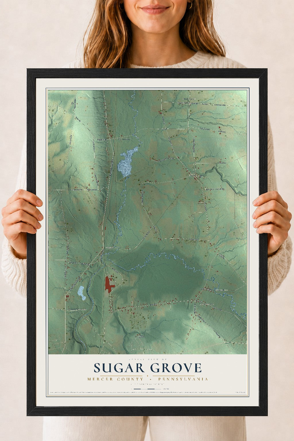 Map of Sugar Grove, Mercer County, Pennsylvania, 18 x 24 inch print in a black wood frame