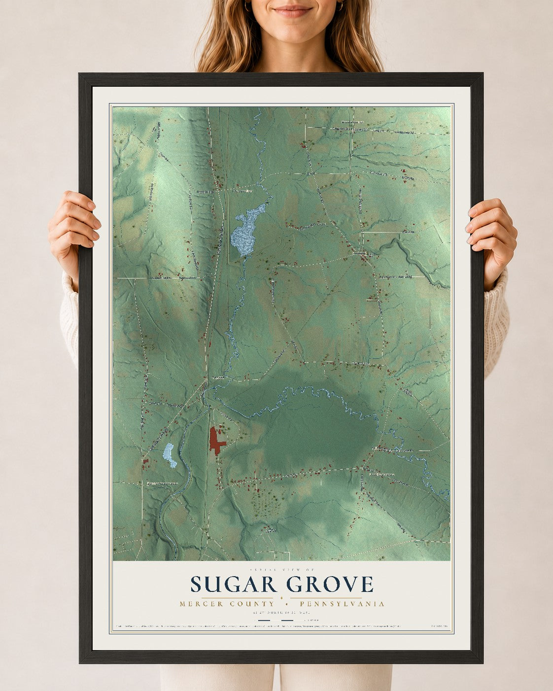 Map of Sugar Grove, Mercer County, Pennsylvania, 24 x 36 inch print in a black wood frame