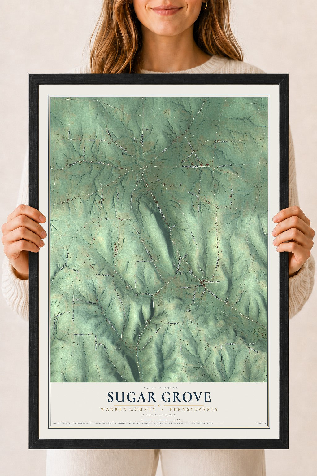Map of Sugar Grove, Warren County, Pennsylvania, 18 x 24 inch print in a black wood frame