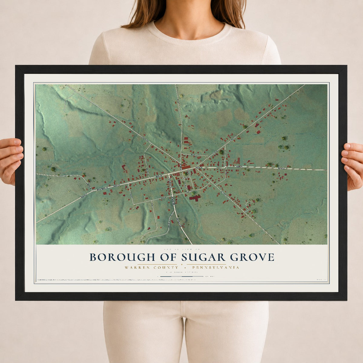 Map of the Borough of Sugar Grove, Warren County, Pennsylvania, 18 x 24 inch print in a black wood frame