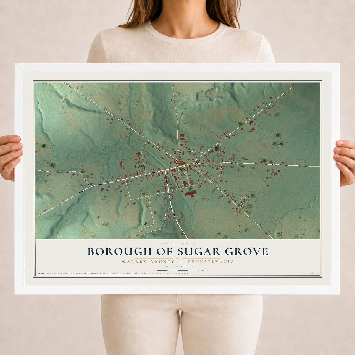 Map of the Borough of Sugar Grove, Warren County, Pennsylvania, 18 x 24 inch print in a white wood frame