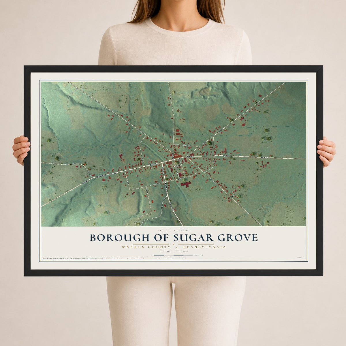 Map of the Borough of Sugar Grove, Warren County, Pennsylvania, 24 x 36 inch print in a black wood frame