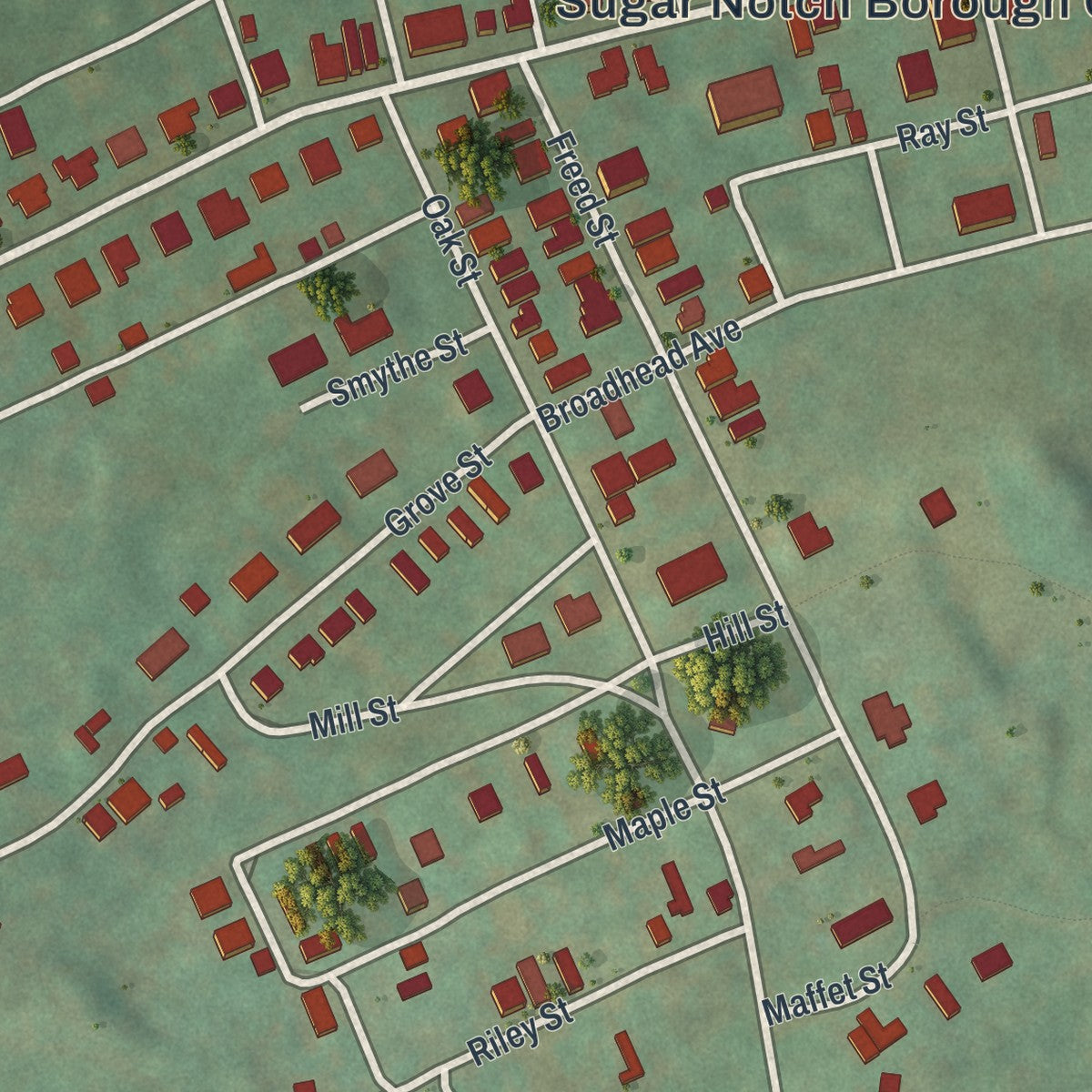 Close-up of the map of Sugar Notch, Pennsylvania print showing street and building detail