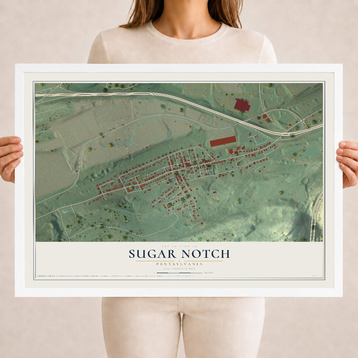 Map of Sugar Notch, Pennsylvania, 18 x 24 inch print in a white wood frame