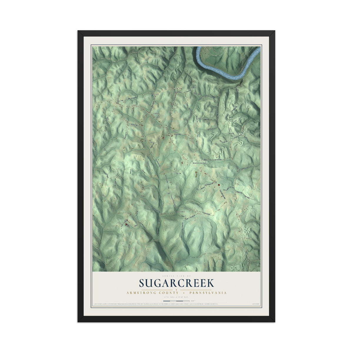 Map of Sugarcreek, Armstrong County, Pennsylvania, 12 x 18 inch print in a black wood frame