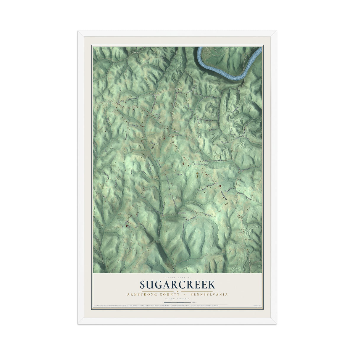 Map of Sugarcreek, Armstrong County, Pennsylvania, 12 x 18 inch print in a white wood frame