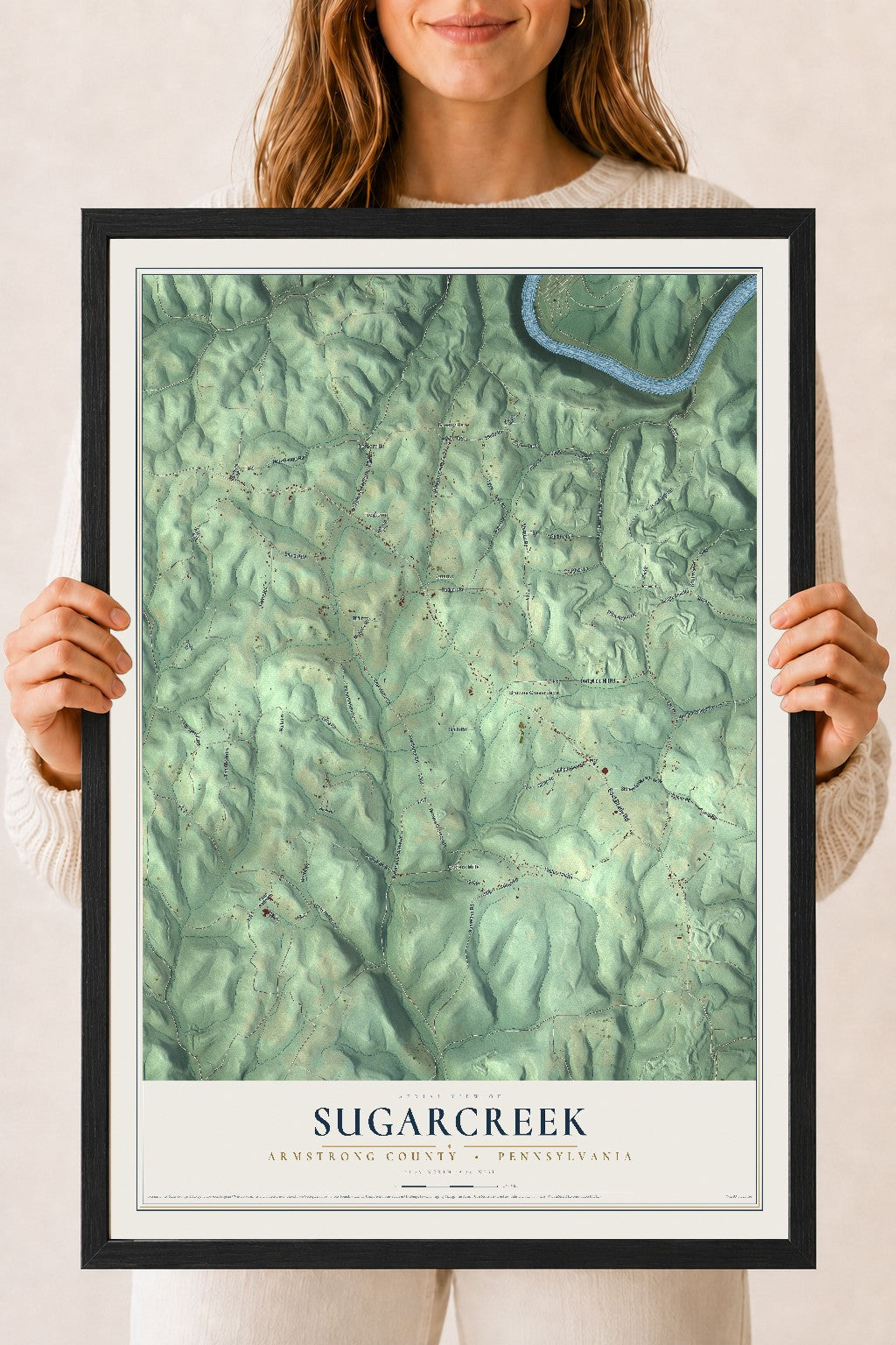 Map of Sugarcreek, Armstrong County, Pennsylvania, 18 x 24 inch print in a black wood frame