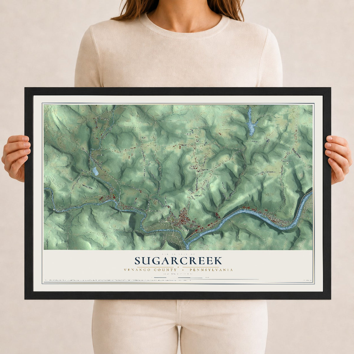 Map of Sugarcreek, Venango County, Pennsylvania, 12 x 18 inch print in a black wood frame