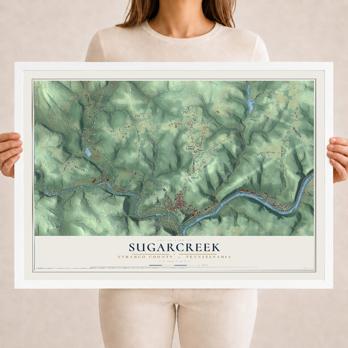 Map of Sugarcreek, Venango County, Pennsylvania, 18 x 24 inch print in a white wood frame