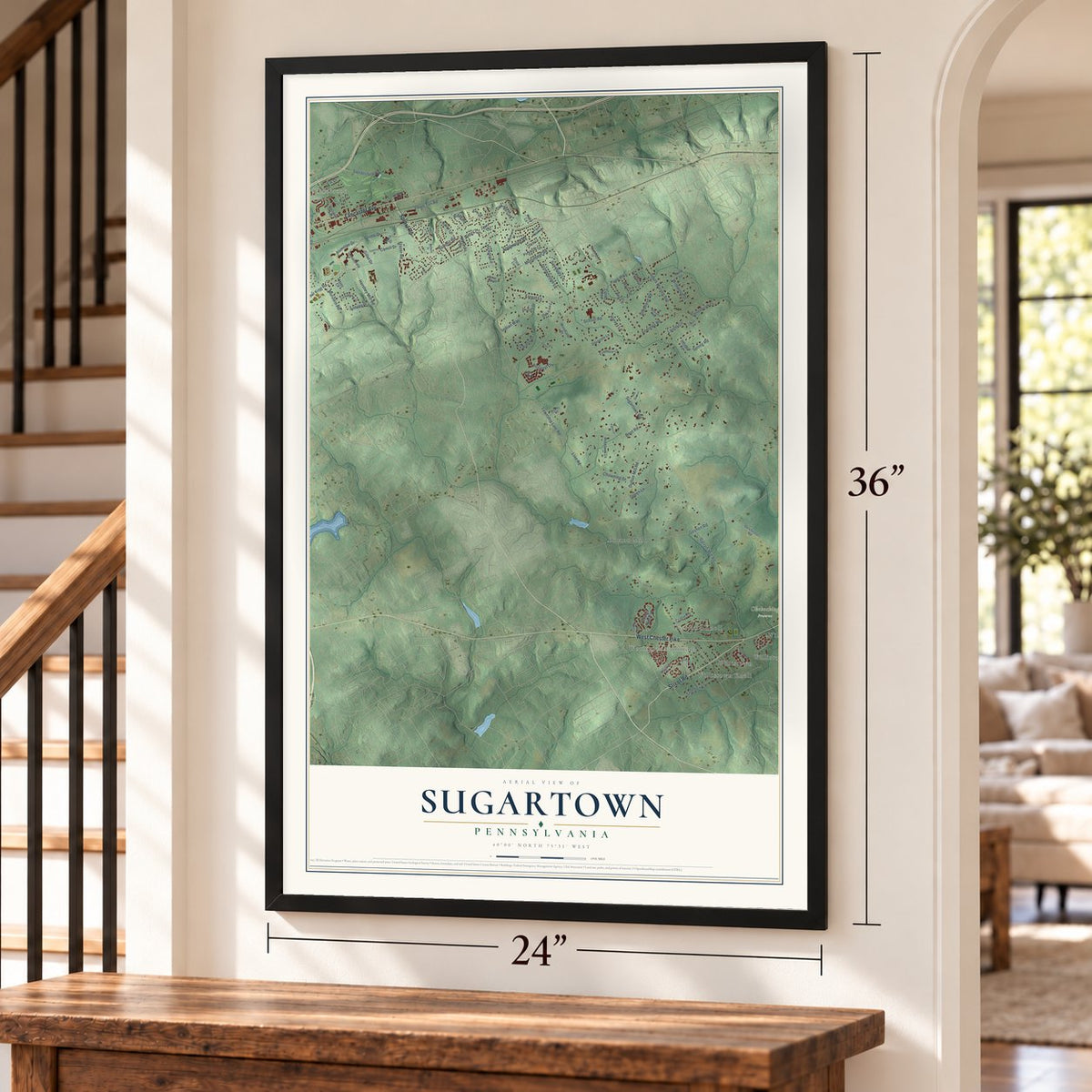 Sugartown, Pennsylvania map, 24 x 36 inch print in a black frame by a staircase