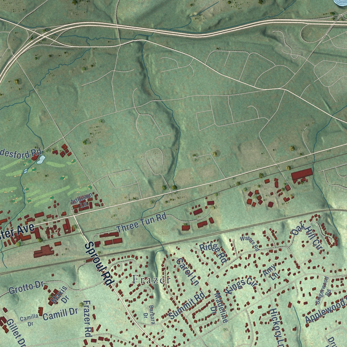 Close-up of the map of Sugartown, Pennsylvania print showing street and building detail