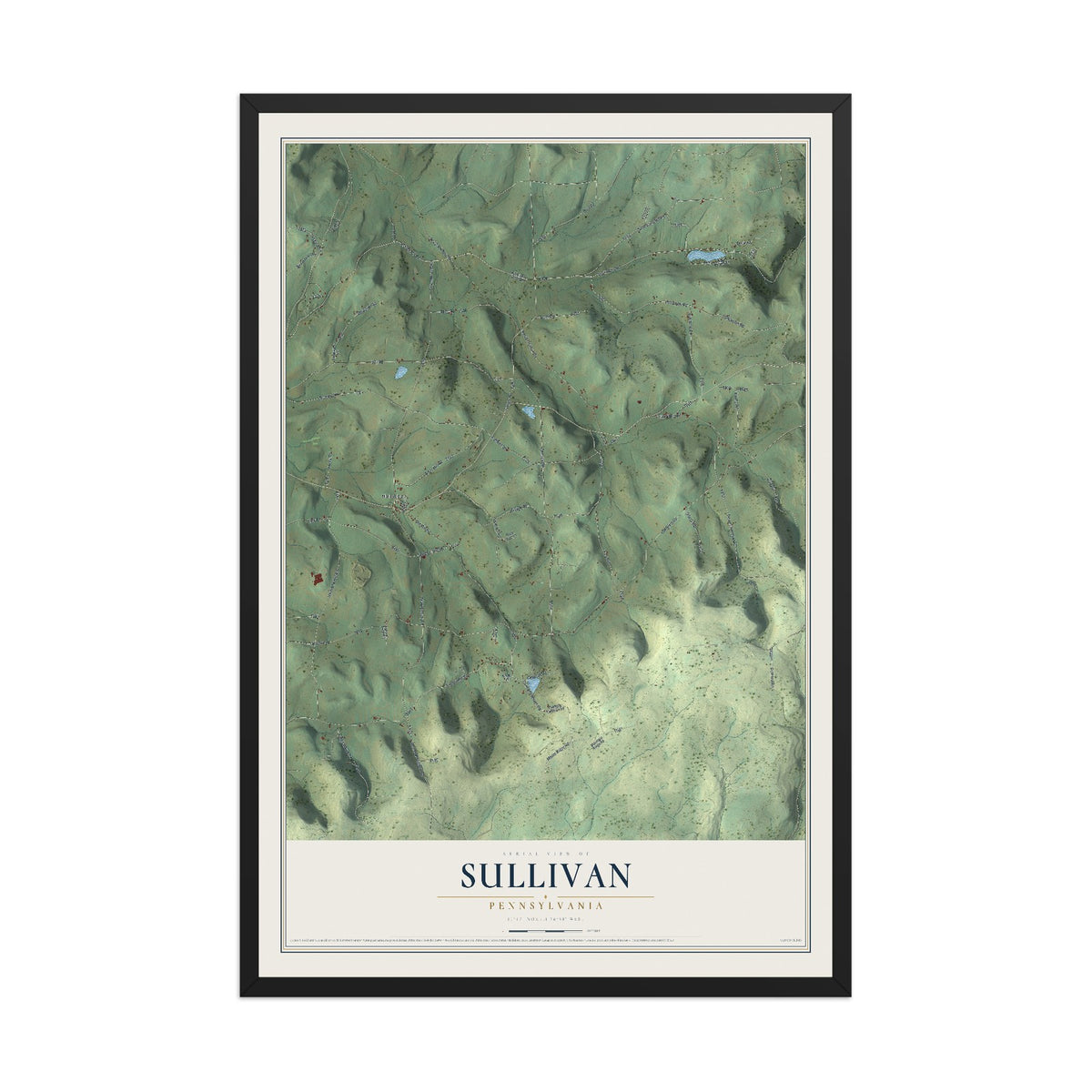 Map of Sullivan, Pennsylvania, 12 x 18 inch print in a black wood frame