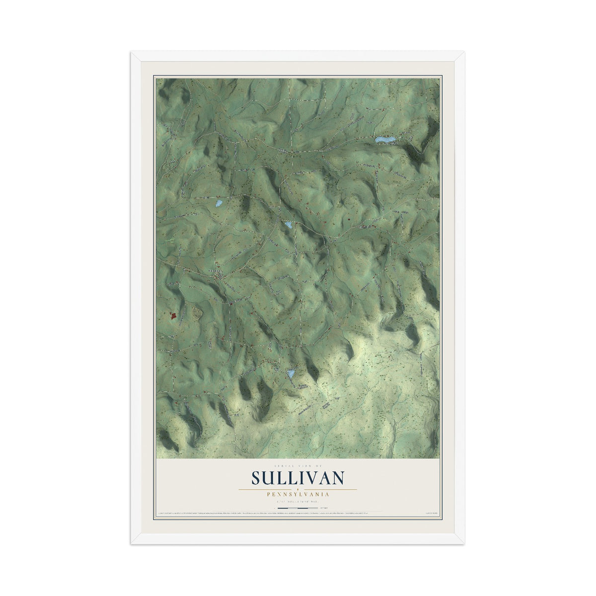 Map of Sullivan, Pennsylvania, 12 x 18 inch print in a white wood frame