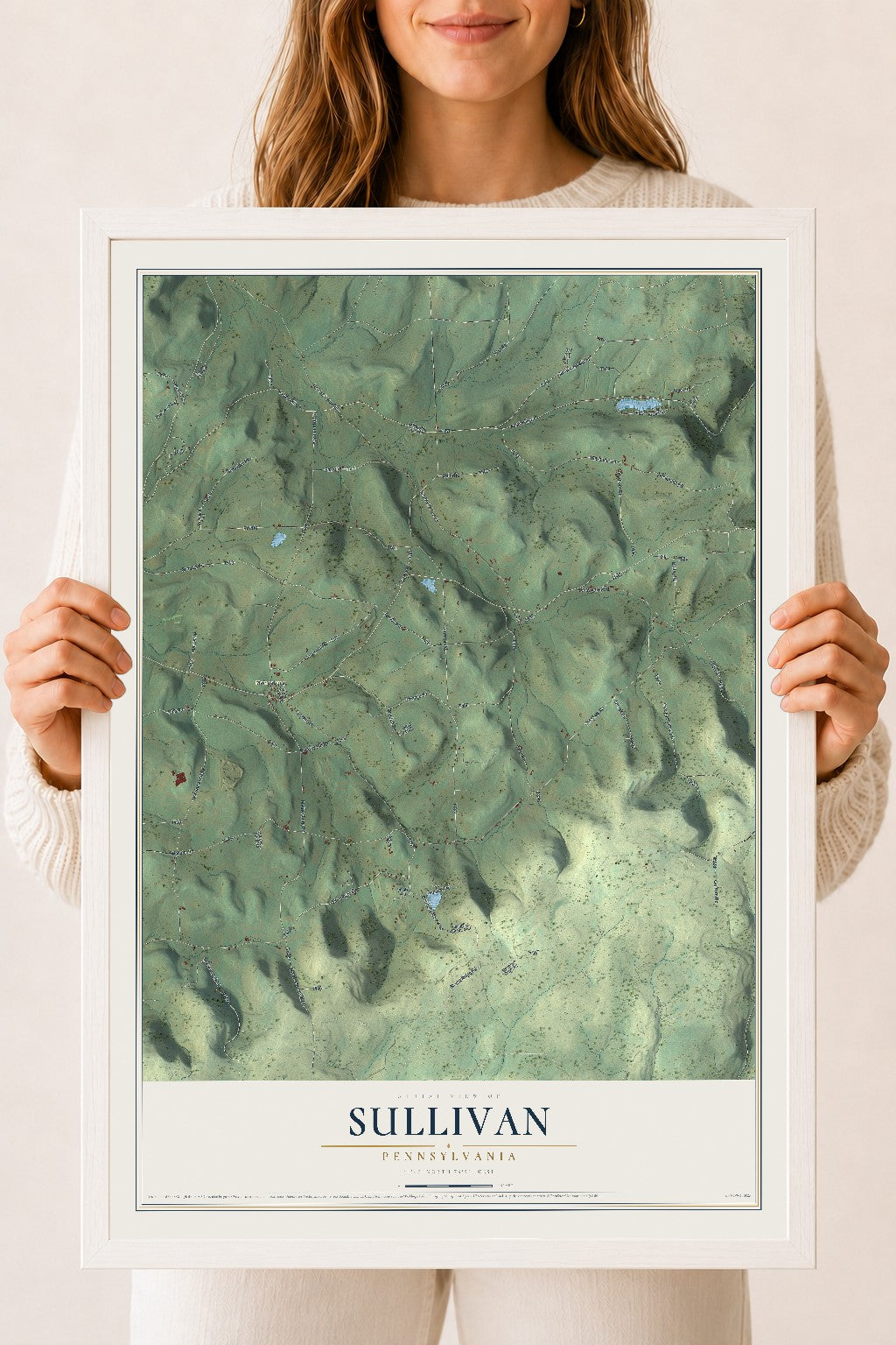 Map of Sullivan, Pennsylvania, 18 x 24 inch print in a white wood frame