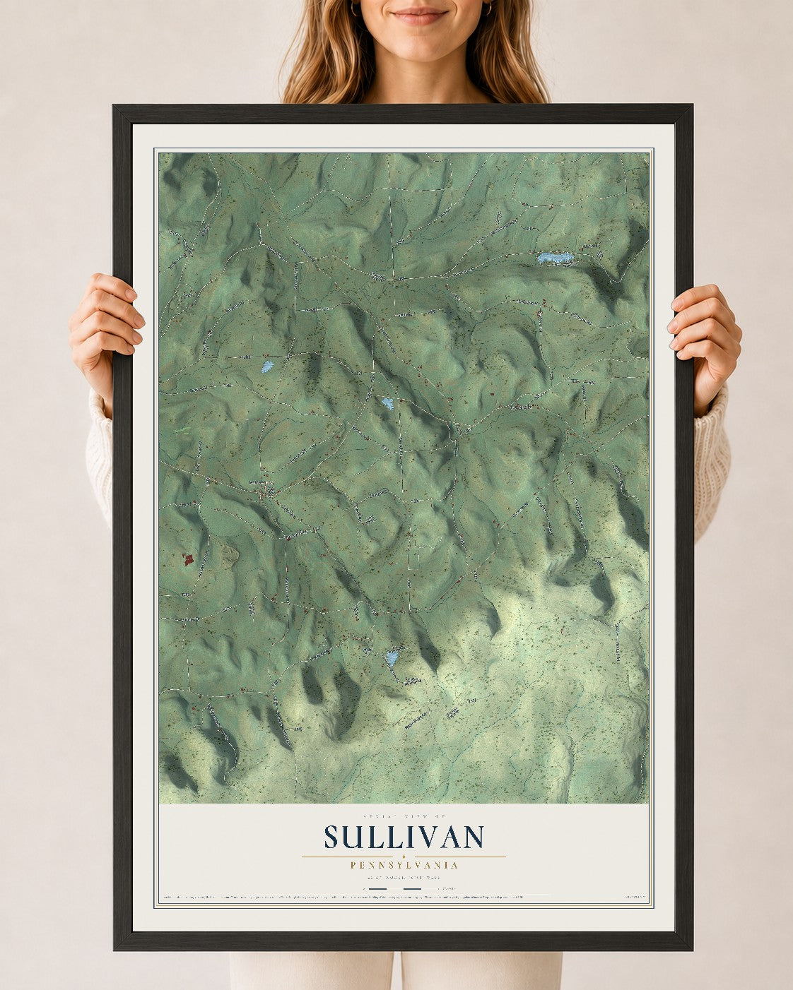 Map of Sullivan, Pennsylvania, 24 x 36 inch print in a black wood frame