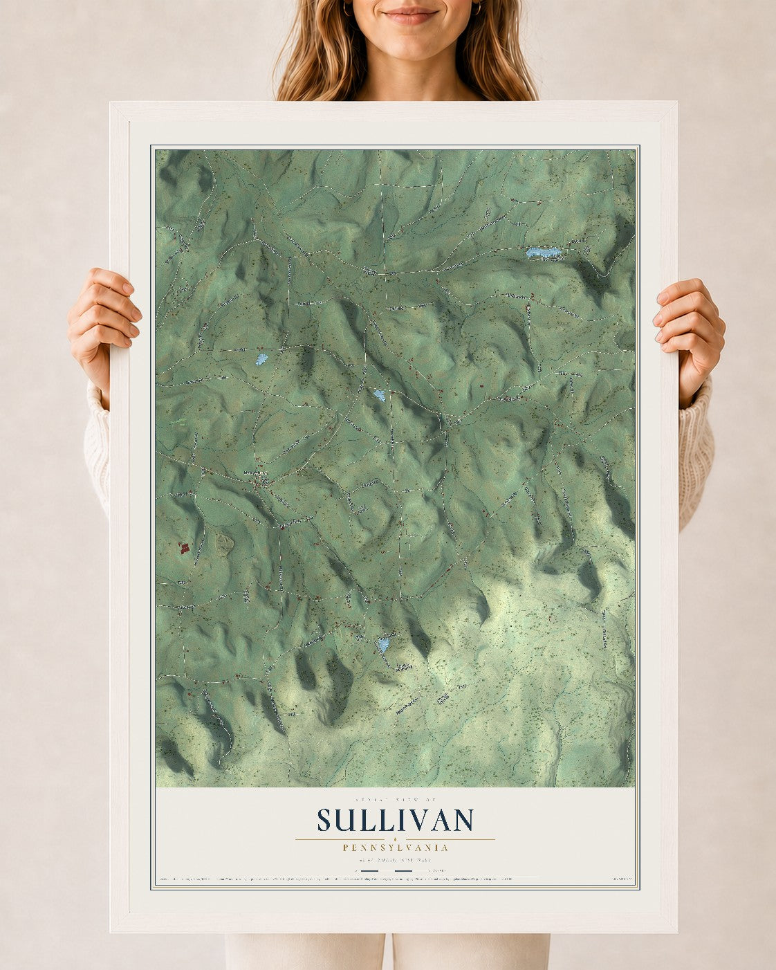 Map of Sullivan, Pennsylvania, 24 x 36 inch print in a white wood frame