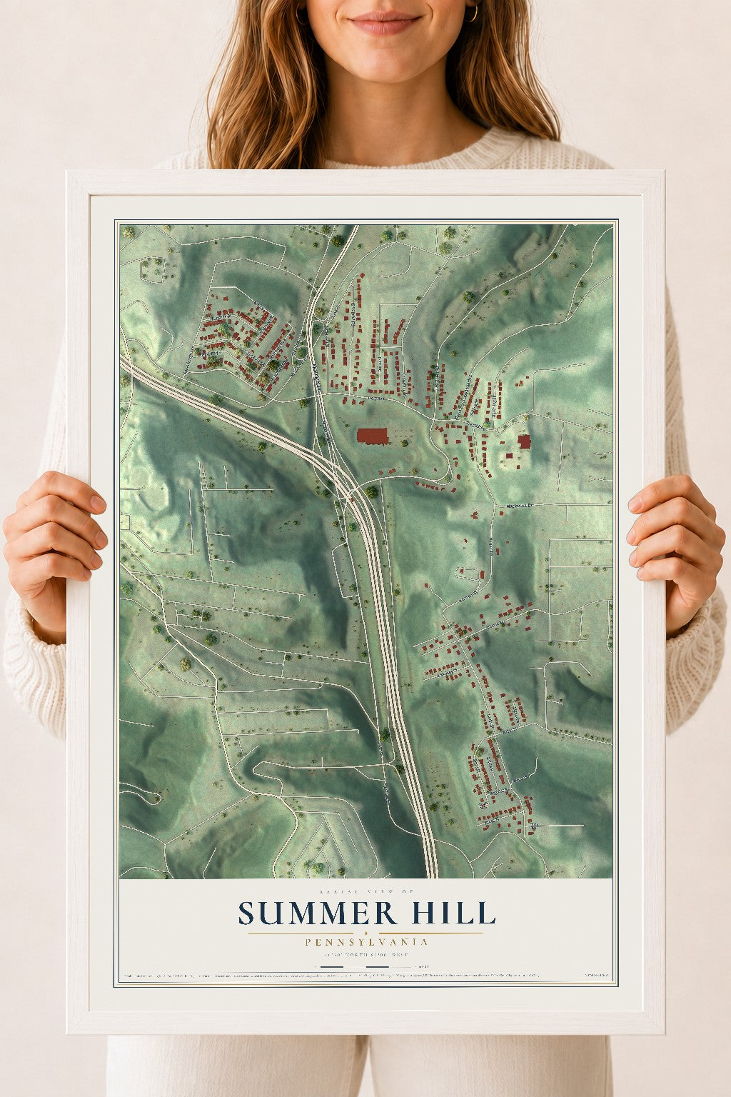 Map of Summer Hill, Pennsylvania, 18 x 24 inch print in a white wood frame