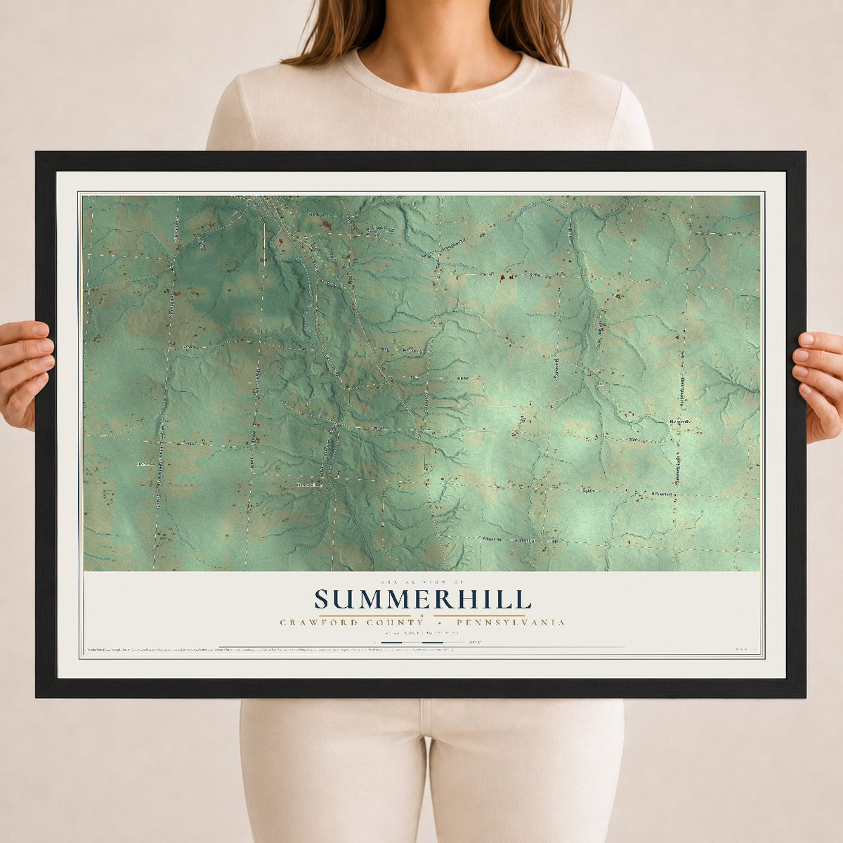 Map of Summerhill, Crawford County, Pennsylvania, 18 x 24 inch print in a black wood frame