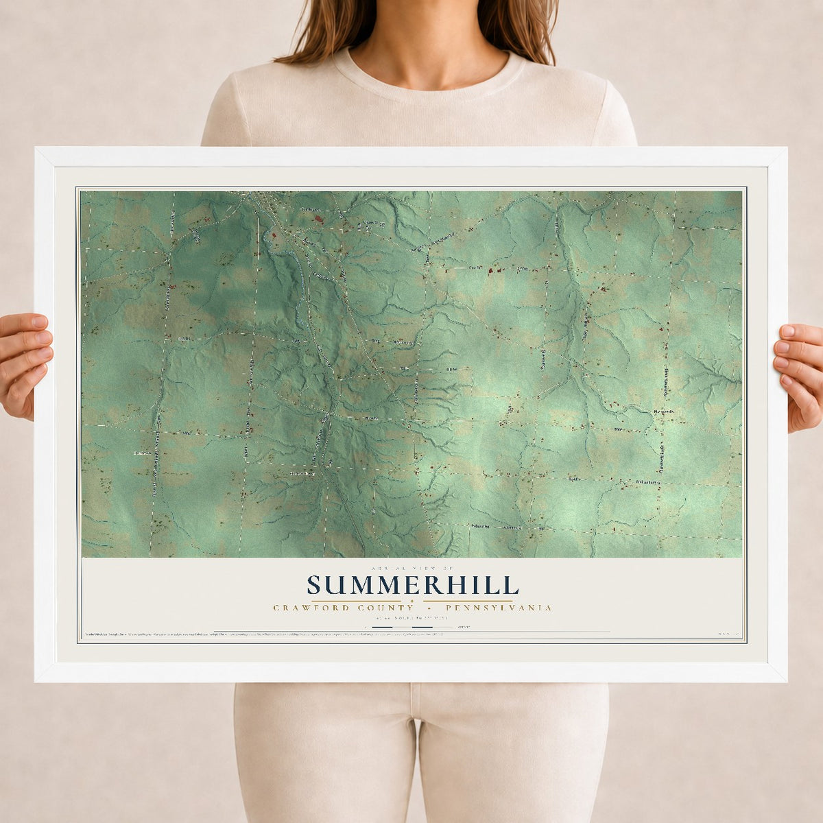 Map of Summerhill, Crawford County, Pennsylvania, 18 x 24 inch print in a white wood frame