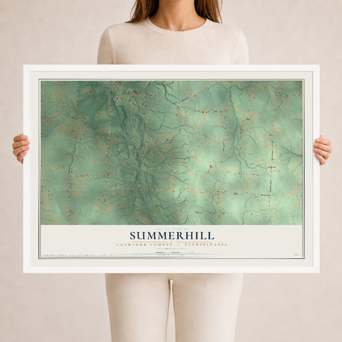 Map of Summerhill, Crawford County, Pennsylvania, 24 x 36 inch print in a white wood frame