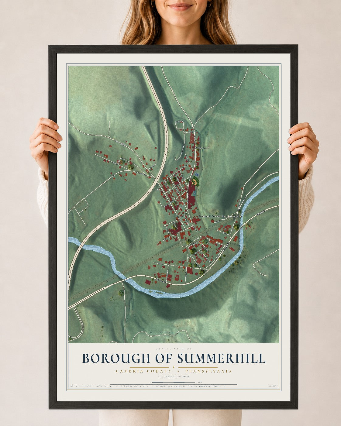 Map of the Borough of Summerhill, Cambria County, Pennsylvania, 24 x 36 inch print in a black wood frame