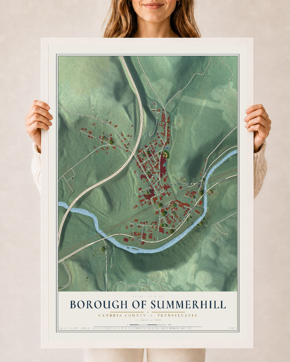 Map of the Borough of Summerhill, Cambria County, Pennsylvania, 24 x 36 inch print in a white wood frame